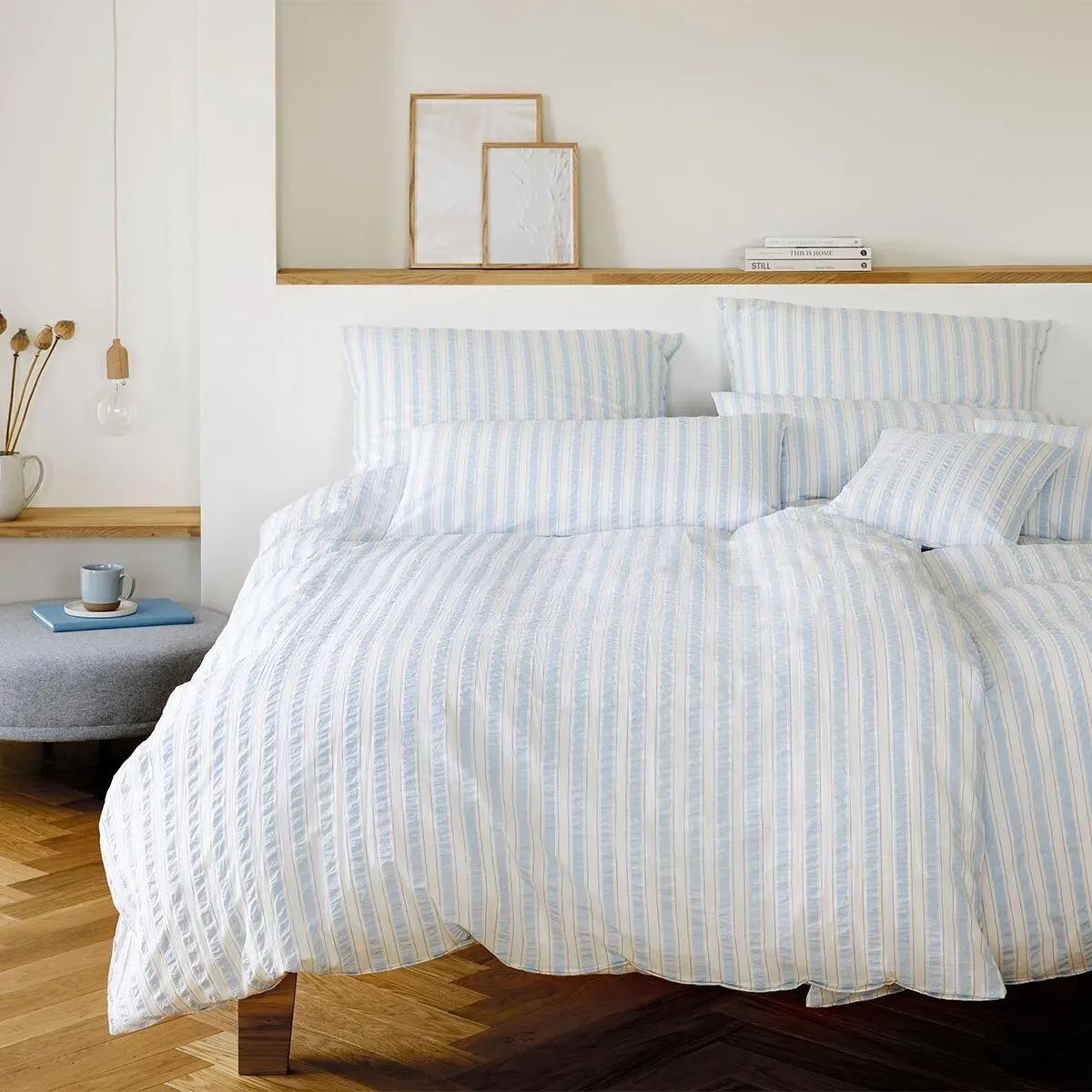 elegante Web-Seersucker Bettwäsche Svaneke 200x200 cm + 2x 80x80 cm | bleu - blau