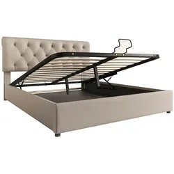 Merax Doppelbett 140x200 Polsterbett aus Leinen mit Lattenrost & Hydraulische Stauraum Beige