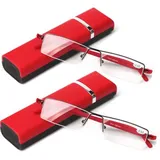 2er Pack Lesebrille Ultraleichte TR90 Unisex Designer Lesebrille Herren Damen Faltbare Halbrahmen Lesebrille mit Box Schwarz Rot Blau Braun Vergrößerungen(rot,+1.0)