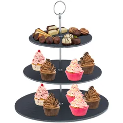 Relaxdays Etagere, 3 Etagen, Schiefer, Kuchen, Snacks, Obst, Metallgriff, Servierständer, HxD 33x30 cm, anthrazit/silber