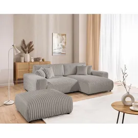 s-style möbel Mollis - Ecksofa mit Schlaffunktion und Bettkasten aus Hellgrau Plüschcord mit schöner Sitzkomfort - Hellgrau