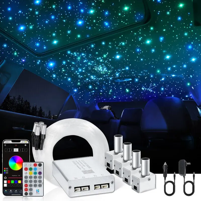 Split 4 Farben 12W Auto-Sternenhimmel-Kit 1000 Stück*0,02 Zoll*9,8 Fuß mit APP- und RF-Fernbedienung, RGBW-Glasfaser-Stränge Sternenhimmel-Leuchten, 4-Port-Motorgeräusch-aktivierte Sternenhimmel-Leuchten für Auto-/Wohn-Dekoration