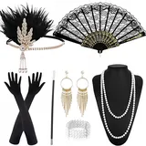 9 Stück 20er Jahre Accessoires Damen, 20er Jahre Kostüm Damen, 20er Jahre Kleid Zubehör, Karneval Great Gatsby Outfit Accessoires, Kopfschmuck, Handschuhe, Perlenkette, Armband, Ohrringen, FaltfäCher