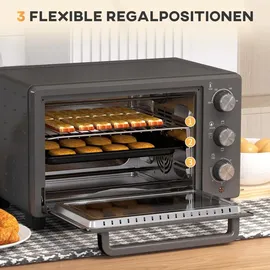 Homcom Minibackofen 21L 1400W 60 Min. Timer, Kleinbackofen mit 100 °C-230 °C einstellbar Temperatur Garzeit, Mini Ofen mit Backblech, Drahtgestell, Tischofen aus Metall, Grau
