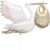 Unique 56764 Riesen-Folienballon mit Aufschrift It's A Girl, Storch, 157,5 cm, Rosa, 1 Stück, mehrfarbig, L