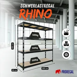 Proregal Schwerlastregal Rhino HxBxT 200x200x60cm 4 Spanplatten-Ebenen 8mm Fachlast 500kg Schwarz Metall, 200x200x60 cm, Freizeit, Heimwerken, Werkstatt, Schwerlastregale