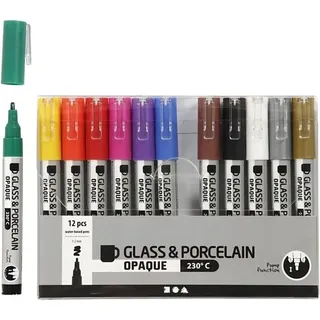 Creativ Company Glas-/Porzellanmalstifte Glas-/Porzellanmalstift, Sortierte Farben, Strichstärke 1-2 mm, Halbdeckend, 12 Stk, Kreativ Box