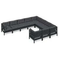 vidaXL 10-tlg. Garten-Lounge-Set mit Kissen Schwarz Kiefernholz