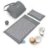 MyBeo Akupressur-Set, 71 x 44cm, Akupressurmatte mit Kissen & Massageball zur Entspannung, Stimulation und Meditation + Transporttasche, Grau