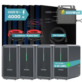 sunniva Balkonkraftwerk Full Black Bifazial 4000 W inkl. 8,96 kWh Speicher + 8 x 500 W N-Typ Glas-Glas Bifacial Module