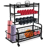 OUBUBY Hantelständer Multifunktionaler Kurzhantelständer für Hanteln,Yoga Matte, Kurzhantelständer Belastbarkeit 300lbs, 102×40×105 cm Einstellbar Hantelscheibenständer mit Rädern und Haken