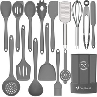 Silikon-Küchenutensilien-Set, 16-teilig, Silikon-Kochutensilien von Deedro, hitzebeständiges Küchenwerkzeug-Set mit Halter, Antihaft-Pfannenwender, Küchenhelfer zum Kochen & Backen, Grau