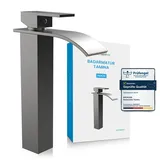 Bächlein Badarmatur Tamina hoch in Wasserfall-Design, extra hoher Einhebelmischer mit Montage-Set für Aufsatzwaschbecken, Bad Wasserhahn Anthrazit