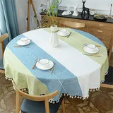 Runde Quaste Plaid Tischdecke, Heavy Weight Baumwolle Leinen Stoff Tischdecke für Küche, Essen, Tischdekoration, Blau & Grün, 180 cm Rund