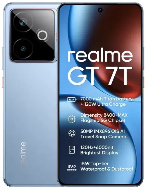 Neues Realme GT 7T 5G Smartphone 50MP IMX896 OIS Kamera Abmessung 8400-MAX Chipsatz 6,78 Zoll AMOLED 120Hz 7000mAh 120W Aufladen