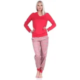 normann Damen Pyjama, Schlafanzug lang mit V-Hals & Bündchen im Ethno-Look, Farbe:rot, Größe:40-42 - 40-42