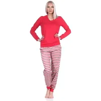 normann Damen Pyjama, Schlafanzug lang mit V-Hals & Bündchen im Ethno-Look, Farbe:rot, Größe:40-42 - 40-42