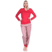 normann Damen Pyjama, Schlafanzug lang mit V-Hals & Bündchen im Ethno-Look, Farbe:rot, Größe:40-42 - 40-42