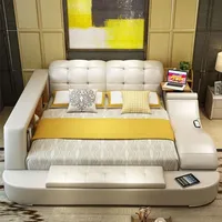 aea Luxus Funktions Bett mit Tresor Laptop Ablage Doppel Ehe Betten xxl Hotel Leder - Beige
