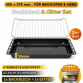 ICQN Backblech 455 x 375 mm, Emailliertmitgitter, (2-St), Backbleche & -Gitter Set, 3 cm Tief, Kratzfest & Rostfrei schwarz Emailliertmitgitter | 45.5 cm x 3 cm x 37.5 cm