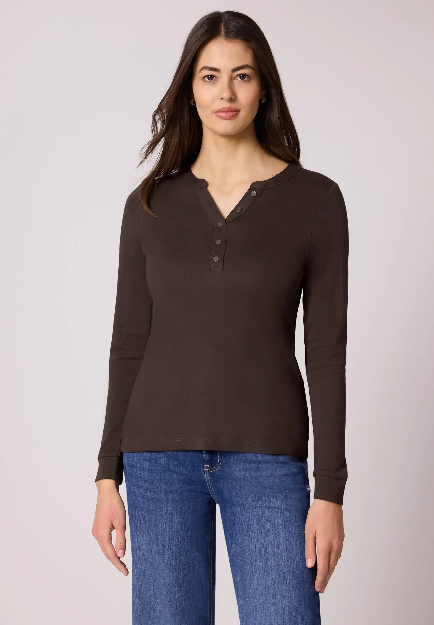 Langarmshirt STREET ONE, Damen, Gr. 40, braun (molten earth), Web, 50% Baumwolle, 50% Modal, unifarben, normal normal, Rundhals, Bündchen, Shirts Langarmshirt, im Tunika-Style