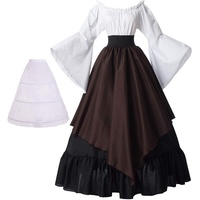 BPURB Damen Mittelalter Kleidung Renaissance Kostüm Kleid Trompete Ärmel Viktorianische Kleider (Hemd und Rock mit Petticoat) (Schwarz/Kaffee, S)