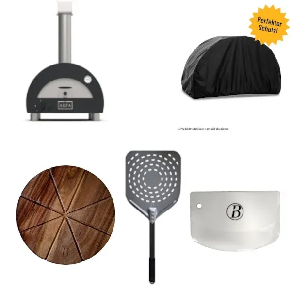 Alfa Portable GRAU inkl. Abdeckhaube, Babossa Pizzaschaufel, Teigschaber 2 Stk. & Pizzabrett