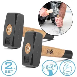 STAHLWERK Fäustel 2er Set 1500g Plattenhammer aus Carbon-Stahl Holzstiel