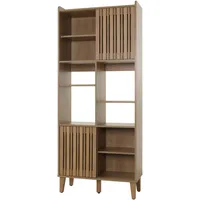 Mendler Bücherregal HWC-M48, Bücherschrank Hochschrank, Schiebetür 8 Staufächer Mango-Massivholz MDF 178x75x35cm ~ natur