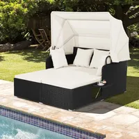 Outdoor-Bett aus Rattan, Terrassensofa-Set 2 Personen mit faltbarem Sonnendach & 2 klappbaren Tischen, Sonneninsel mit 4 Kissen und großer Liegefl...