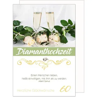 Edition Seidel Premium Glückwunschkarte zur Diamanthochzeit mit Umschlag. Karte zur diamantenen Hochzeit mit Spruch Diamantenhochzeitskarte Grusskarte Sektgläser Rosen (HD133 SW023)