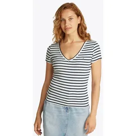 Tommy Jeans Dw0dw17385 Kurzarm-T-Shirt Mit V-ausschnitt Ecru / Navy S