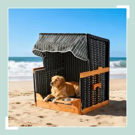 Relaxdays Hundestrandkorb, Rattan, mit Napf, Hundesessel mit Dach, HBT: 95x75x65 cm, für Garten & Terrasse, Holz, grau