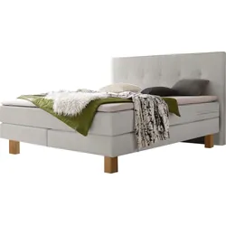 Boxspringbett HASENA "Lodge", grau (grau, eiche bianco), B:148cm L:210cm, Komplettbetten, Boxspringbett, Boxspringbett, Eichenfüsse, straffe Bezüge, gestepptes Kopfteil