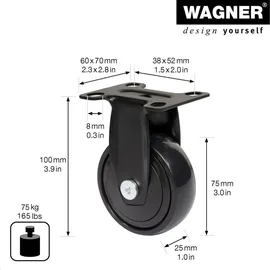 Wagner Design - 3C - Bockrolle/Apparaterolle/Transportrolle/Möbelrolle - schwarz, Softlauffläche, Durchmesser Ø 75 mm, Bauhöhe 100 mm, Anschraubplatte 60 x 70 mm, Tragkraft 75 kg - 01247701
