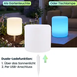 ideoon lights Moderne LED Solar Zylindrische Tischlampe 27,0 cm inkl. Erdspiess RGBW Farbwechsel weiß