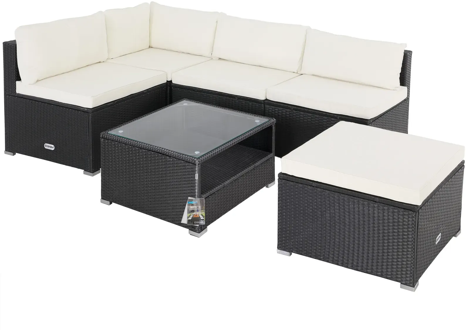Polyrattan corner lounge black/cream thick back cushions