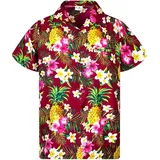 King Kameha Funky Hawaiihemd Kids Kinder Jungs, Kurzarm, Print Pineapple Flowers, Rot, 10 - 10 Jahre
