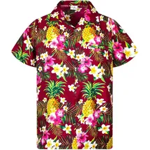 King Kameha Funky Hawaiihemd Kids Kinder Jungs, Kurzarm, Print Pineapple Flowers, Rot, 10 - 10 Jahre