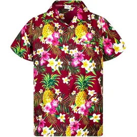 King Kameha Funky Hawaiihemd Kids Kinder Jungs, Kurzarm, Print Pineapple Flowers, Rot, 10 - 10 Jahre