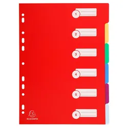 Exacompta 4906E 25x Register DIN A4 aus festem PP 350μ, blanko, 6-teilig - Farben sortiert