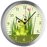 CreaDesign Funkwanduhr Funkuhr, Kinder Wanduhr, Kinderuhr, Kinderzimmer Frosch-Graß-Karo (geräuscharmes Uhrwerk) bunt