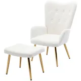 YNOFIT Cocktailsessel Sessel Loungesessel Cocktailsessel Polstersessel mit Hocker (1er Set, bestehend aus Sessel und Hocker), Weicher und bequemer Teddy-Stoff Knopfdesign Metallbeine weiß