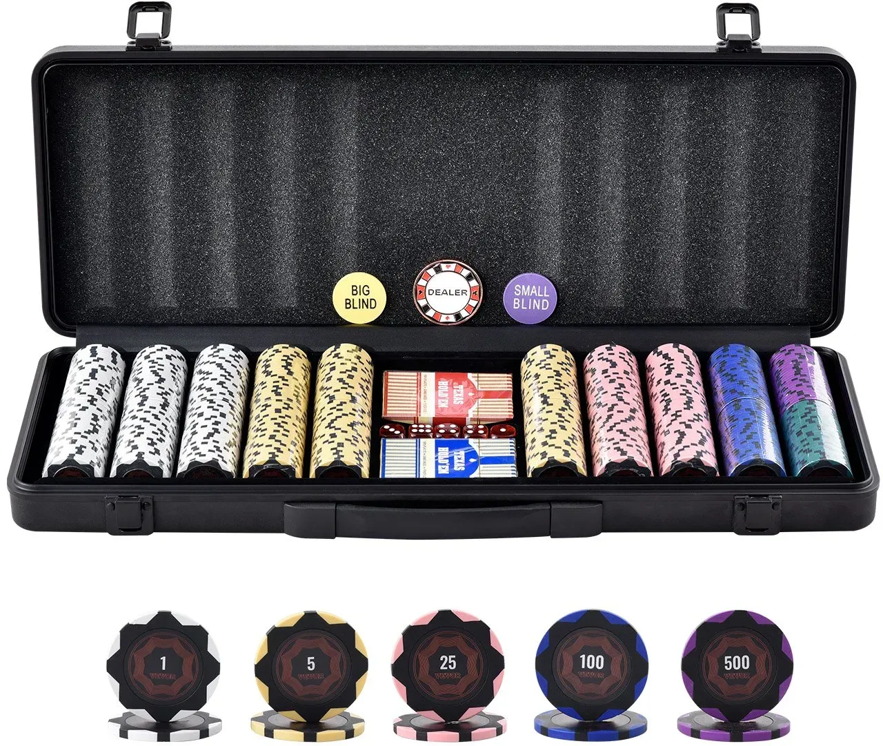 VEVOR Pokerchip-Set, 500-teiliges Pokerset, Clay Komplettes Pokerspielset mit ABS-Pokerkoffer, Karten, Knöpfe und Würfel, Komplett Set 9-10 Spieler für Texas Hold'em, Blackjack, Glücksspiel usw.