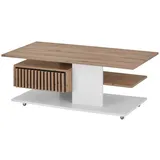 Stella Trading Couchtisch ALLY, 110 x 60 cm - Viking Eiche Dekor - Weiß - mit Schublade und Rollen