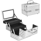 HOMASIS Kosmetikkoffer mit Spiegel, tragbarer Schminkkoffer mit 3 Ebenen, Mini Beauty Case mit Griff & Schloss, Friseurkoffer Hartschale, Make Up Koffer für Damen & Mädchen, 23 x 15 x 18 cm (Silber)