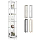 K-Möbel Sammlervitrine (176x37x33cm) - Made in Germany - Vitrinenschrank Weiss mit 4 höhenverstellbaren Glasböden, Spiegel & Schloss - Glasvitrine Stehend - Display Cabinet