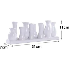 H&D Manufaktur Jinfa Vasen Set Weiß - 10 kleine Blumenvasen auf Tablett - Minivasen Keramik für Tischdeko - Moderne Miniatur Keramikvasen für einzelne Blumen m... - Weiß
