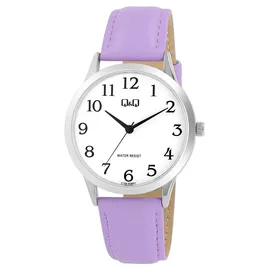 Q&Q Damen Armbanduhr C10A-028PY, 40 mm Durchmesser, silbernes Metallgehäuse, Lederarmband, Analog, 3 ATM