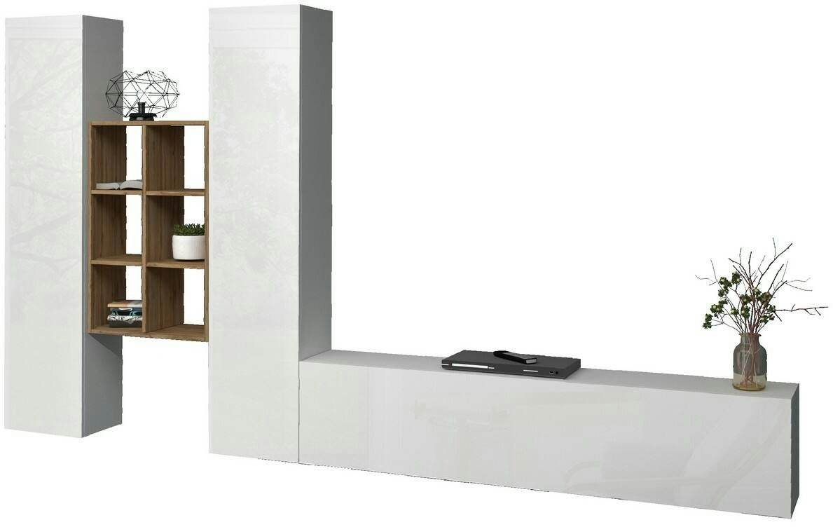 Dmora Wohnzimmermöbel Emiliano, Wohnzimmergarnitur TV-Möbel mit 3 Türen, Mehrzweck-Wohnmöbel, cm 320x30h180, glänzend weiß und Ahorn